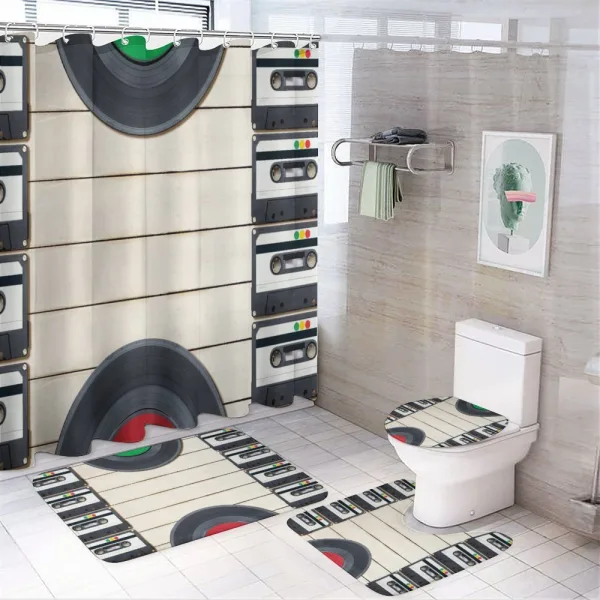 Audio Cassettes Records on a shower curtain