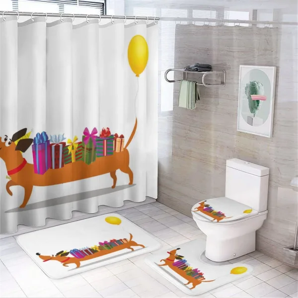 Dog with Gift and Balloon on a shower curtain