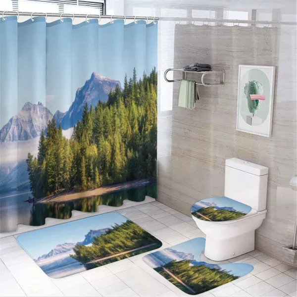 Forest with Misty Mountains on a shower curtain