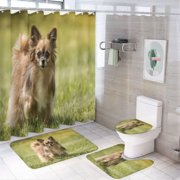 Long Haired Small Dog on a shower curtain