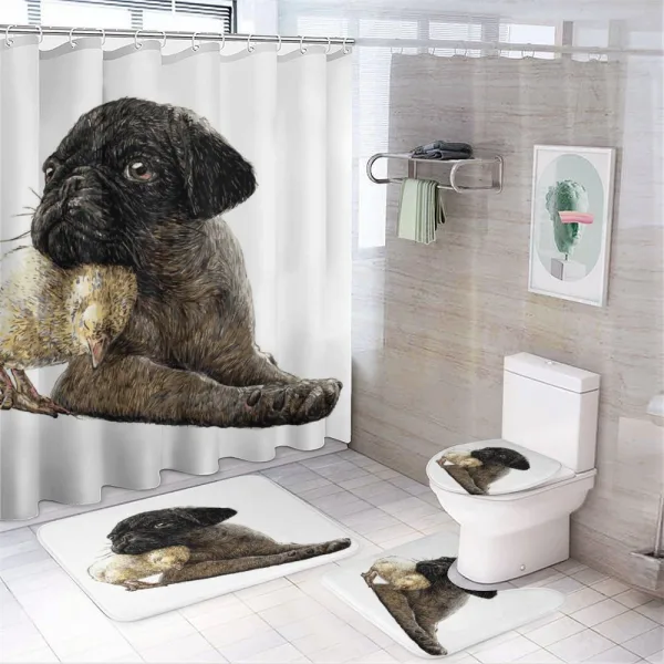 Small Dog and Chicken Love on a shower curtain