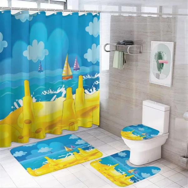 Vibrant Seaside Cartoon Scene on a shower curtain