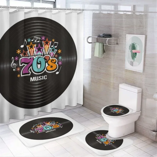 70s Record Discography on a shower curtain