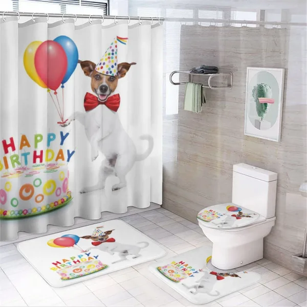 Dance Party Dog Cake on a shower curtain