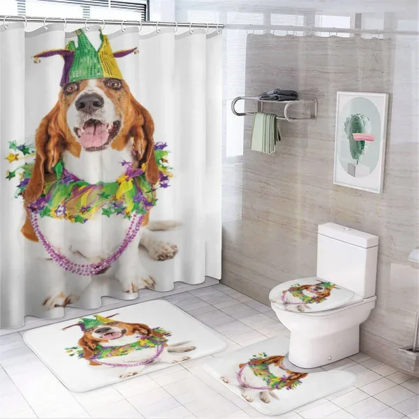 Happy Dog Jester Hat on a shower curtain