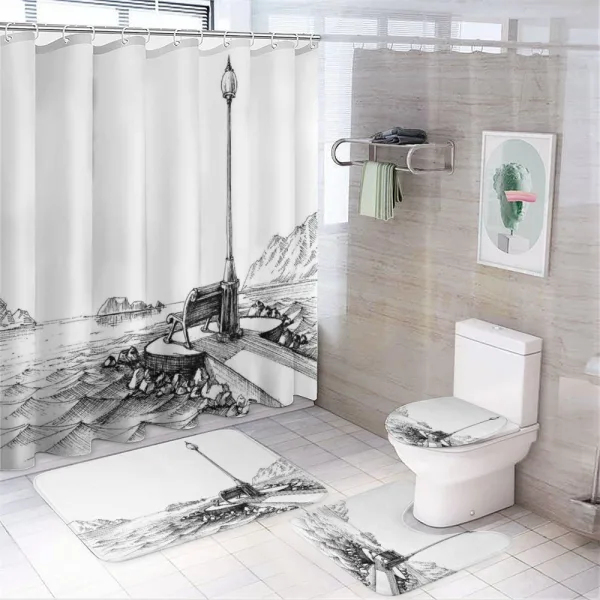 Bench Lantern Ocean on a shower curtain