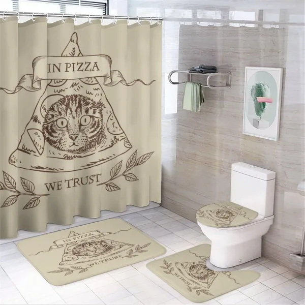 Cat Face in Pizza We Trust on a shower curtain
