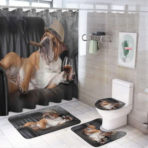 Humorous Dog Drinking on a shower curtain