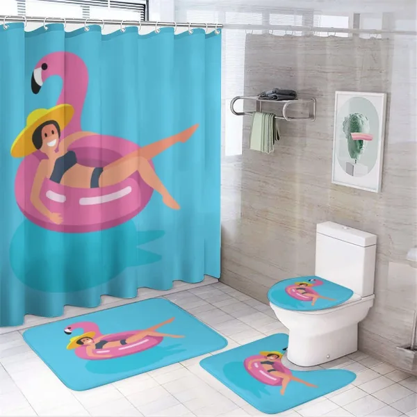Woman on Rubber Flamingo on a shower curtain