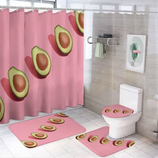 Halved Fresh Avocados on a shower curtain