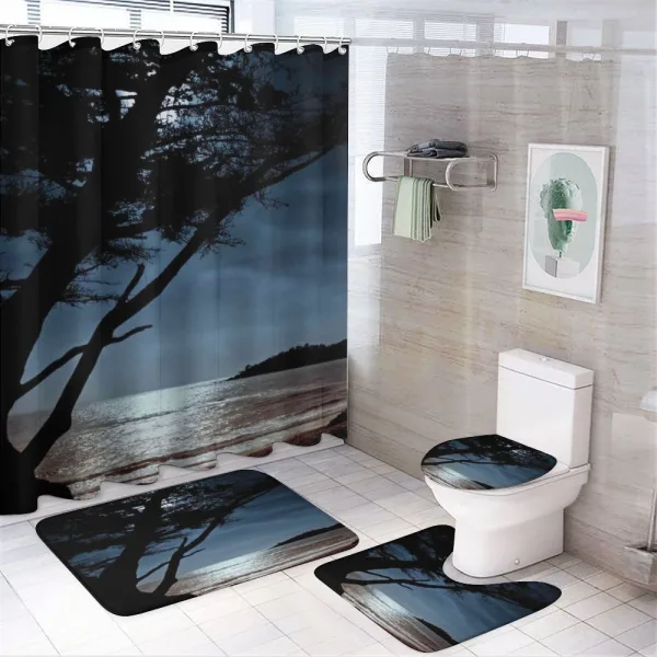 Night Tree Silhouette Sea on a shower curtain