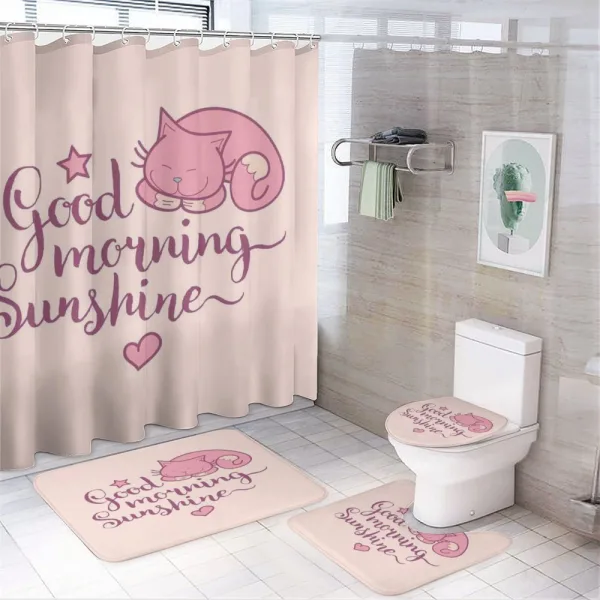 Sleeping Pink Cat and Text on a shower curtain