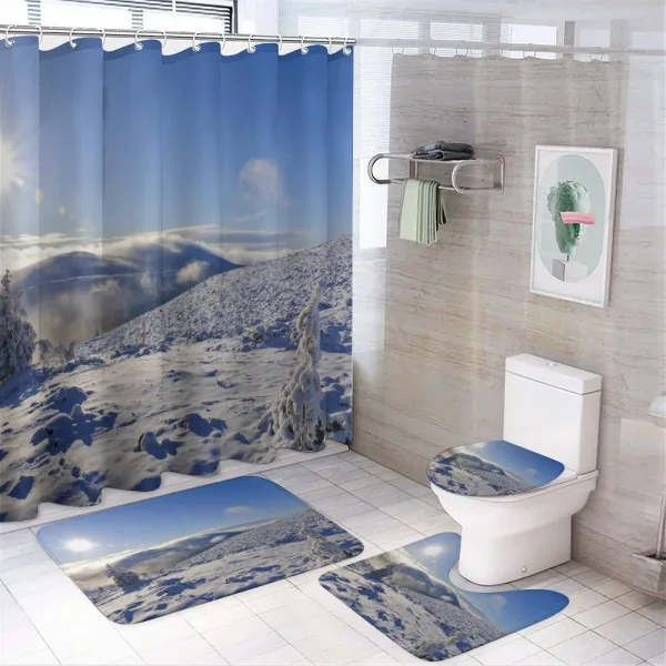 Snowy Land Rising Sun on a shower curtain
