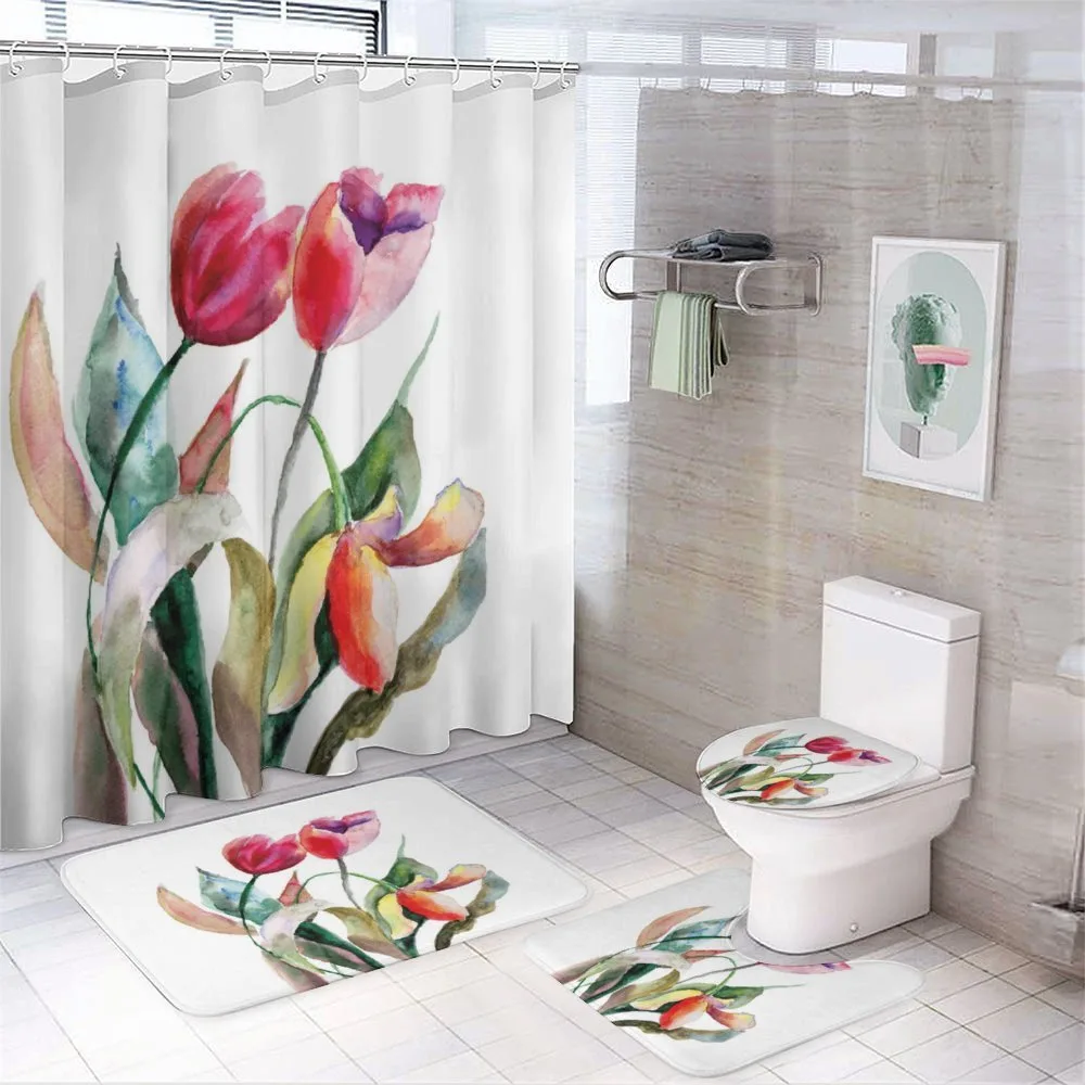 Watercolor Tulip Flowers — 4-Piece Bathroom Set preview