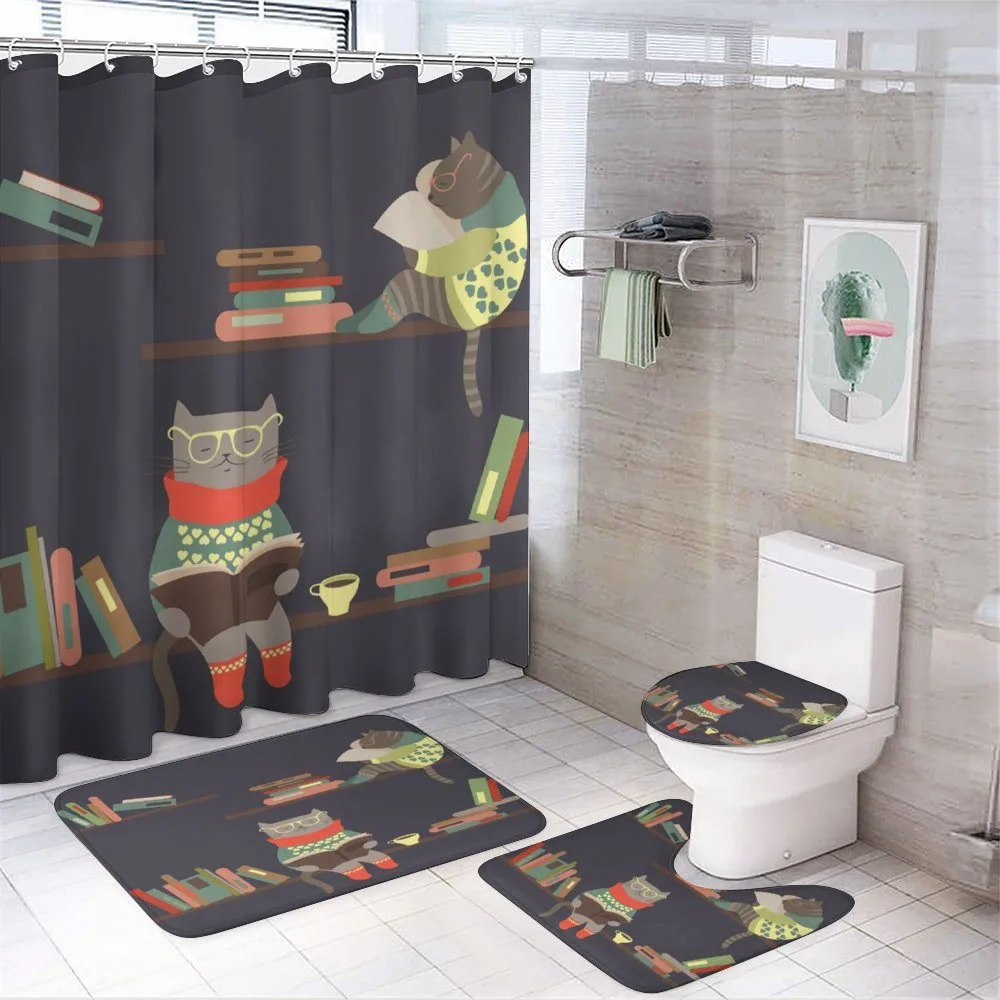 Funny Bookshelf Cat Reading — 4-Piece Bathroom Set preview