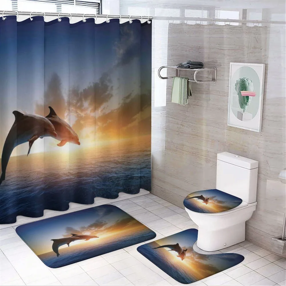 Couple of Dolphins Jump on Sea — 4-Piece Bathroom Set preview