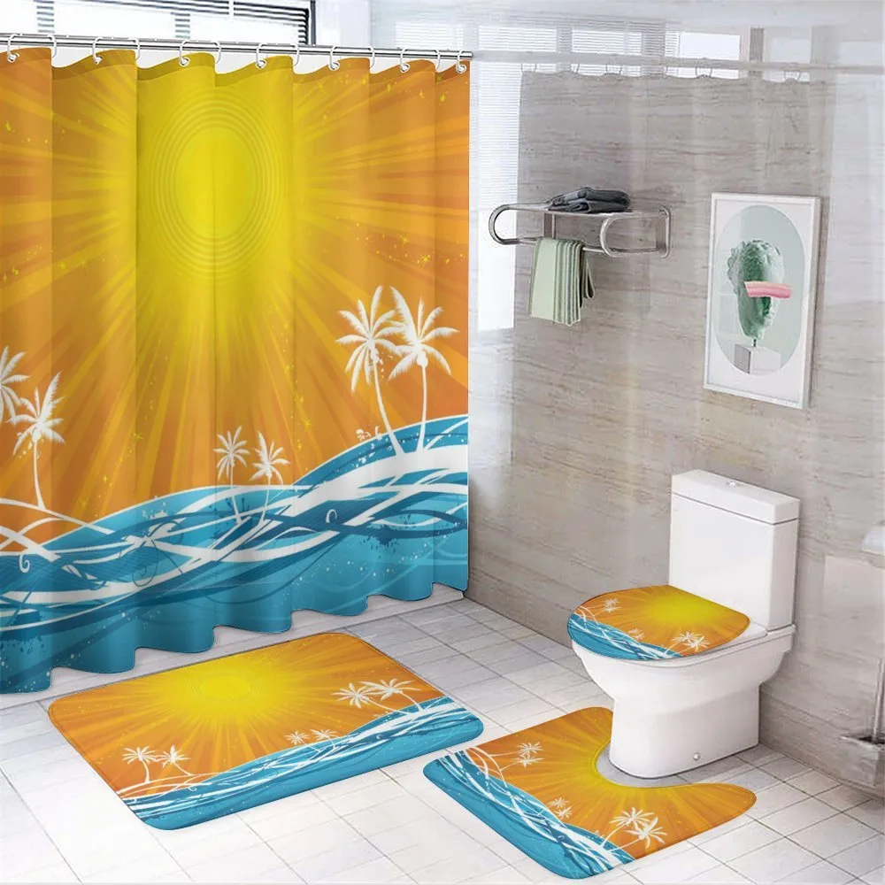 Wavy Ocean Palm Trees Lines — 4-Piece Bathroom Set preview