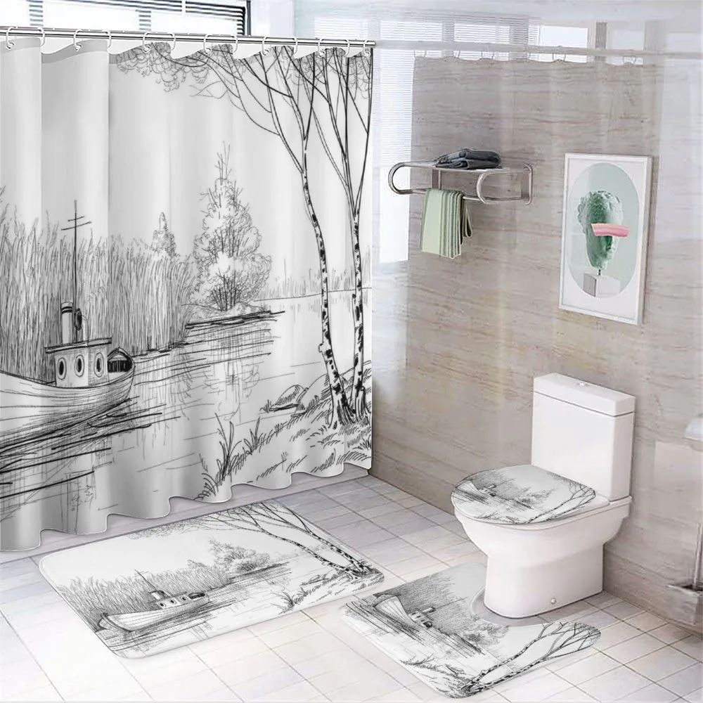 Black White Boat River — 4-Piece Bathroom Set preview